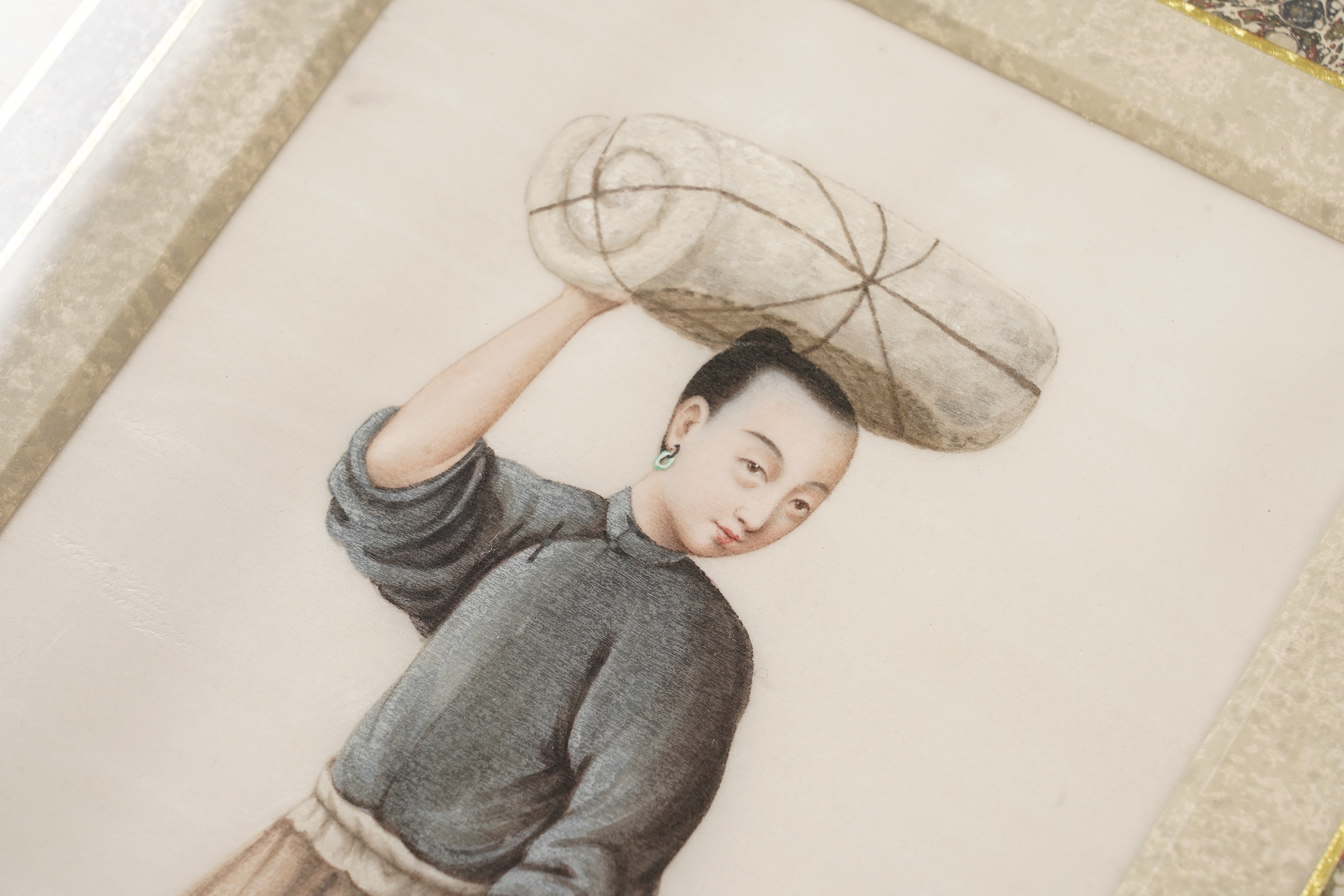 Circle of Youqua , Chinese (Mid 19th century), Street vendors, A set of six watercolours on pith paper, Image 23cm x 12.2cm